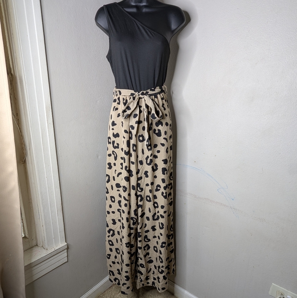 Black One-Shoulder Jumpsuit with Leopard Print Wide Legged Pants